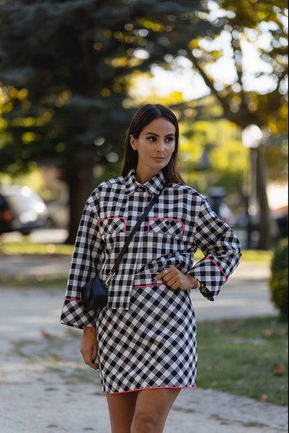 Jupe et veste carreaux noir blanc ligne rose