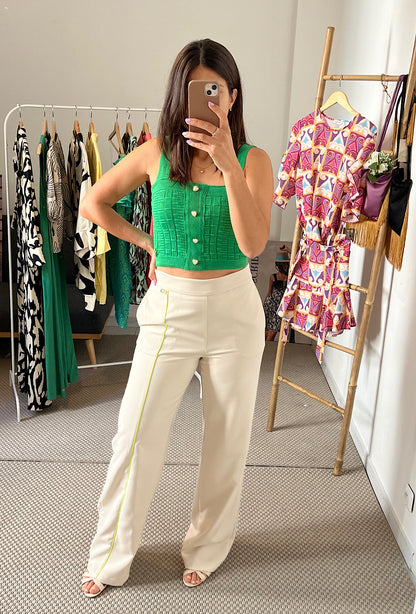 Pantalon beige rayure lime top maille vert