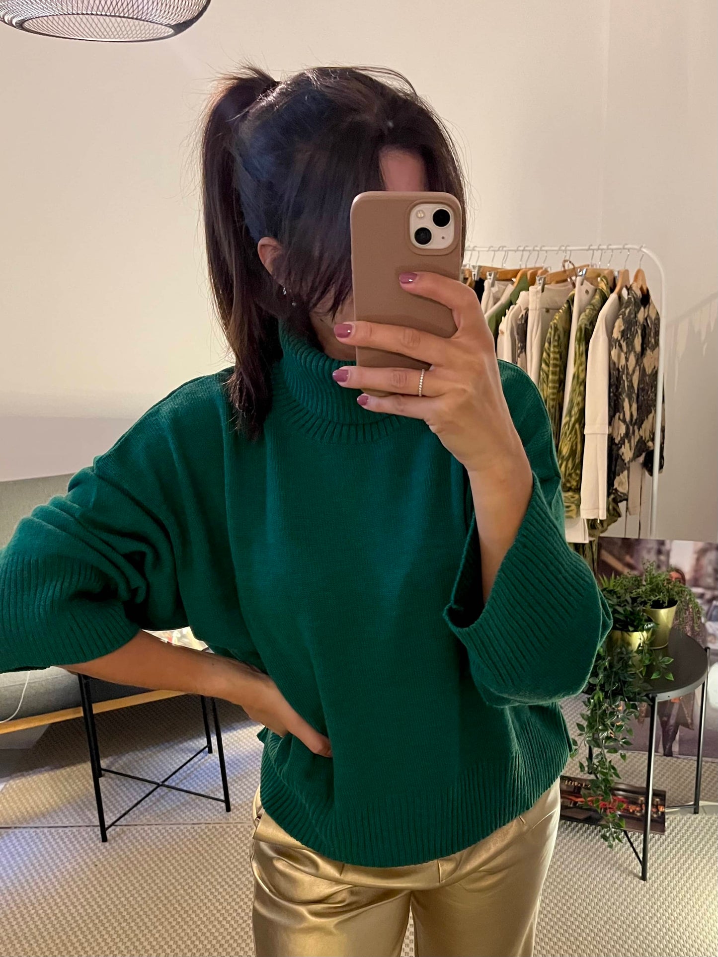 Pull maille col roule vert