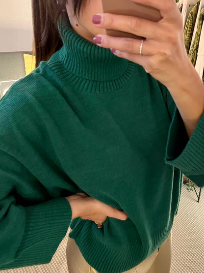 Pull maille col roule vert